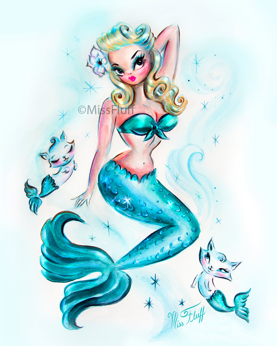 Pinup Mermaid with Kitties • Art Print