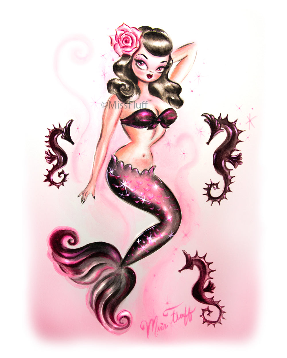 Pinup Mermaid with Rose • Art Print
