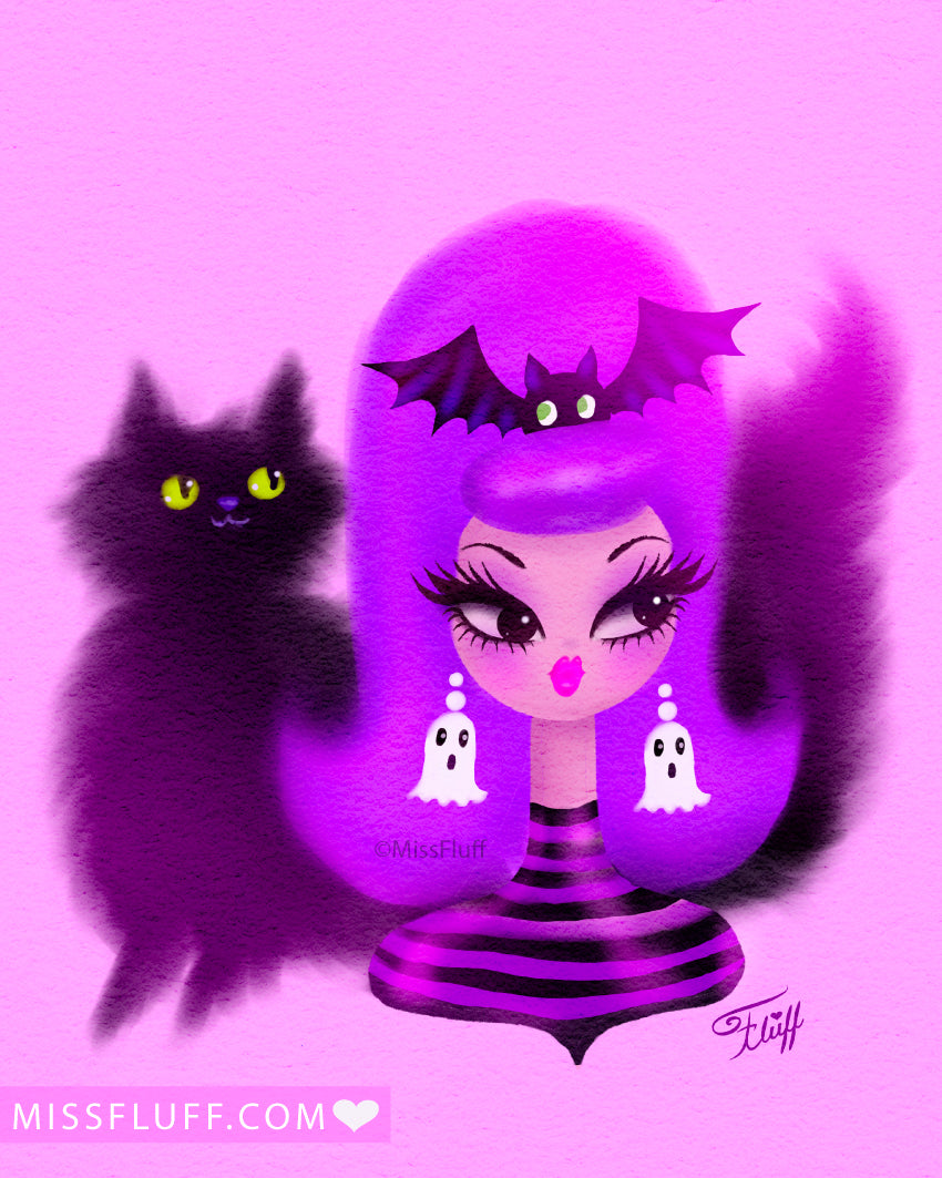 Spooky Girl with Purple Bouffant and Kitty • Art Print