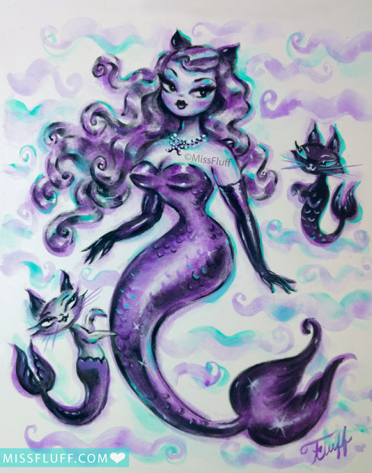 Purple Kitten Mermaid with Purrmaids • Art Print
