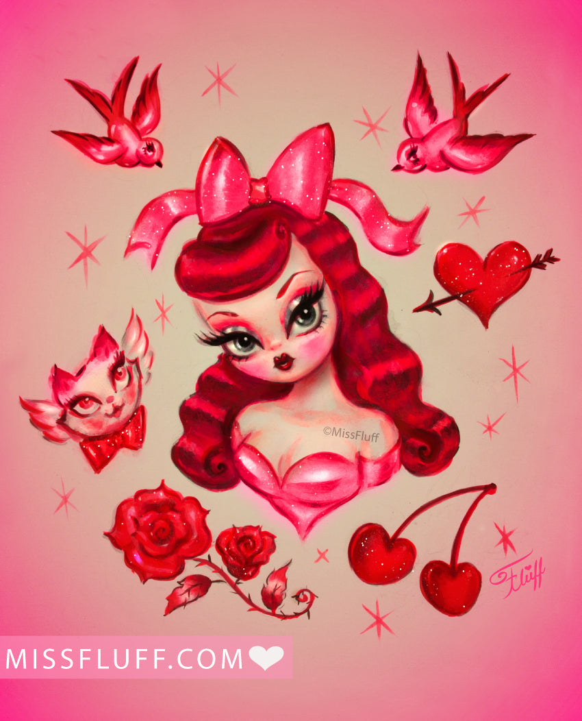 Redhead Valentine Dolly with Kitten Angel • Art Print