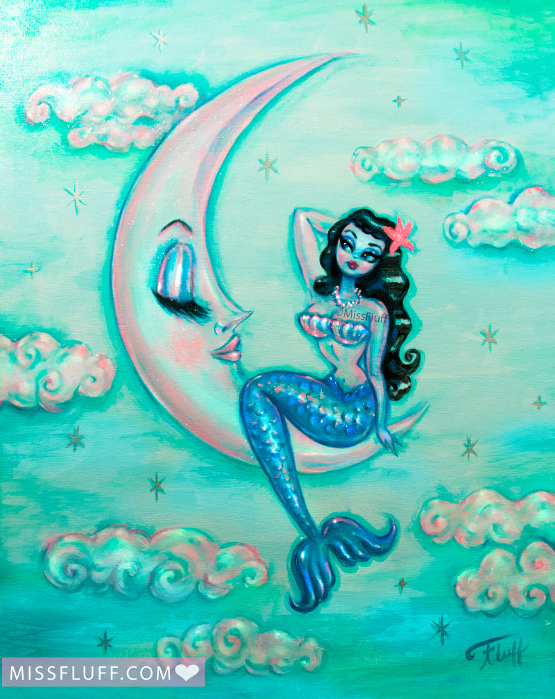 Raven Haired Mermaid on the Moon • Art Print