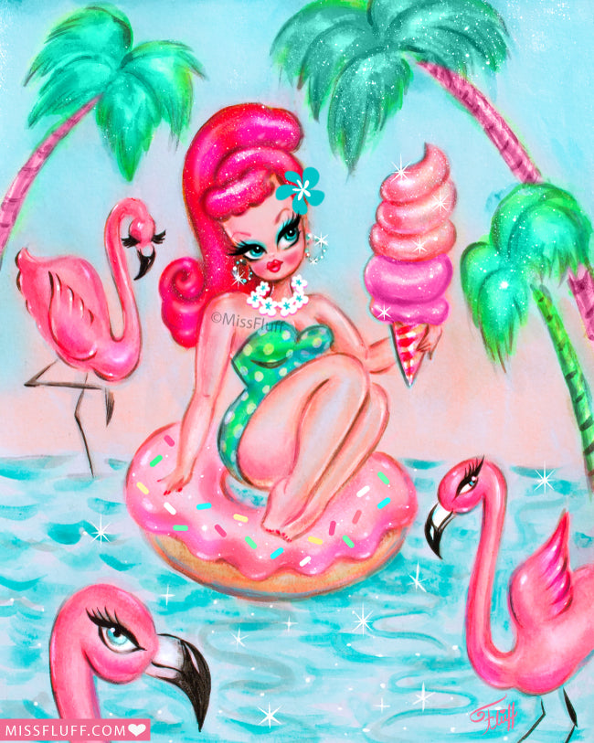 Pinup Doll on Donut Floatie with Flamingos • Art Print