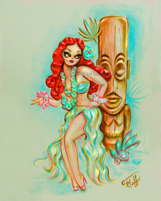 Redhead Hula with Tiki • Art Print