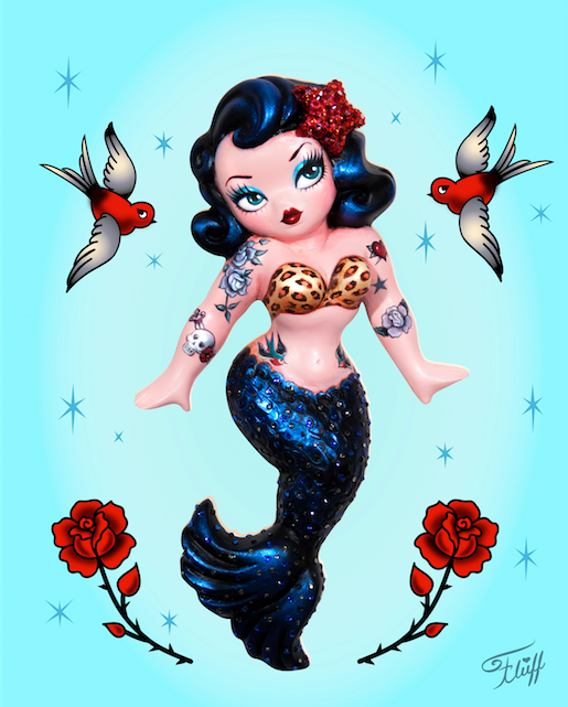 Tattoo Rockabilly Mermaid Dolly on Blue • Art Print