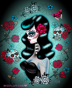 Raven Haired Day of the Dead Sugar Skull Pinup • Art Print – Miss Fluff ...