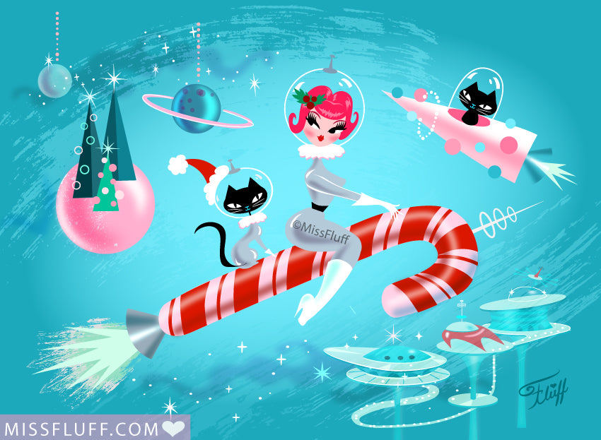 Candy Cane Rocket Girl • Art Print