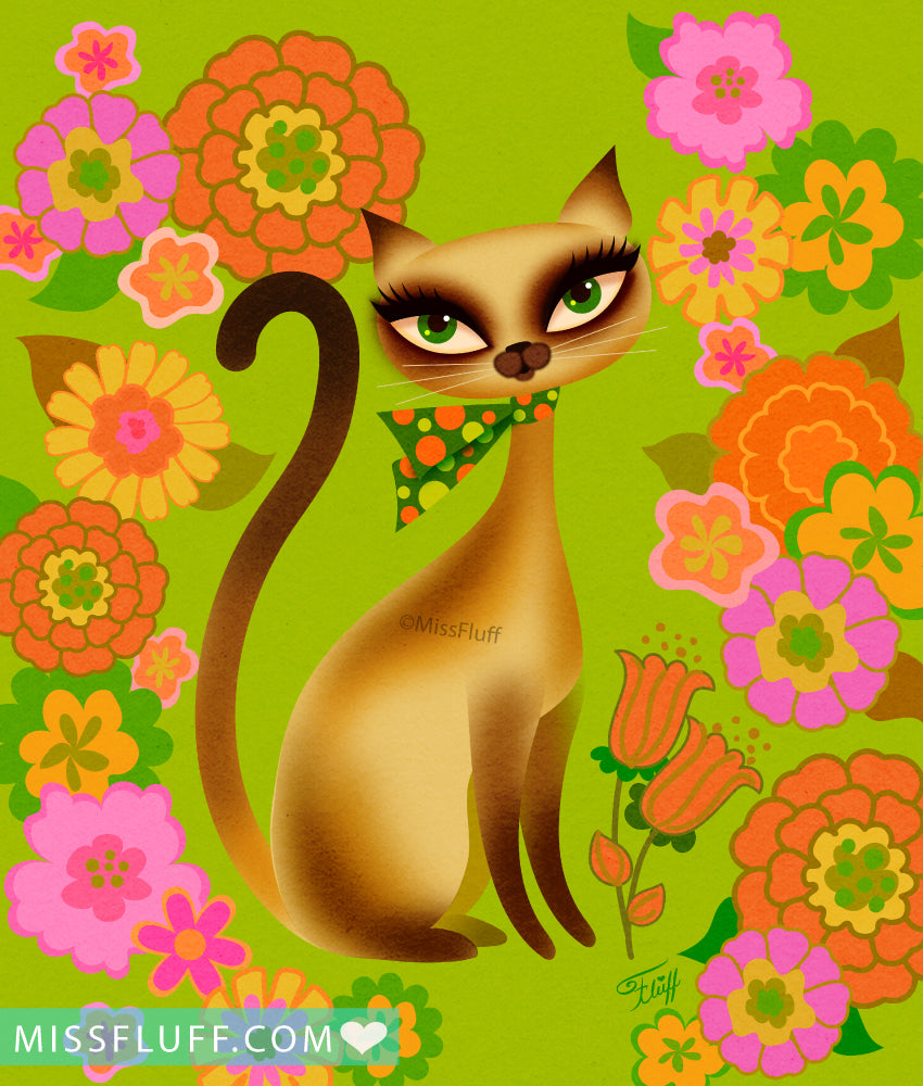 Siamese Mod Flower Kitty • Art Print