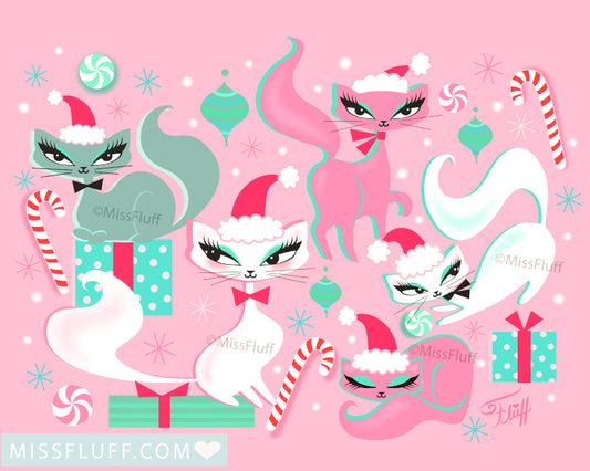 Swanky Kittens Christmas Pink • Art Print