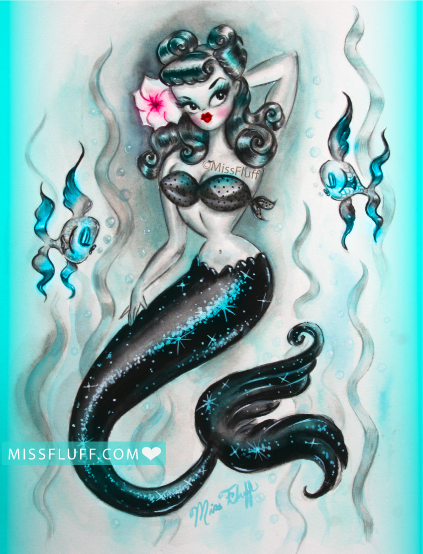 Pinup Mermaid with Hibiscus • Art Print