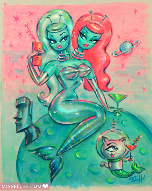 Two headed Alien Mermaid with Cyclops Kitty • Art Print