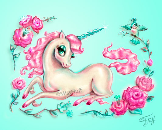 Unicorn with Roses on Mint • Art Print