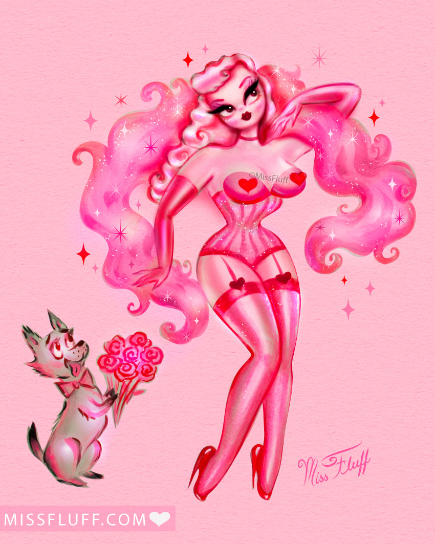 Valentine Burlesque Doll with Doggy Suitor on Pink • Art Print