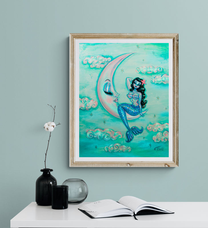 Raven Haired Mermaid on the Moon • Art Print