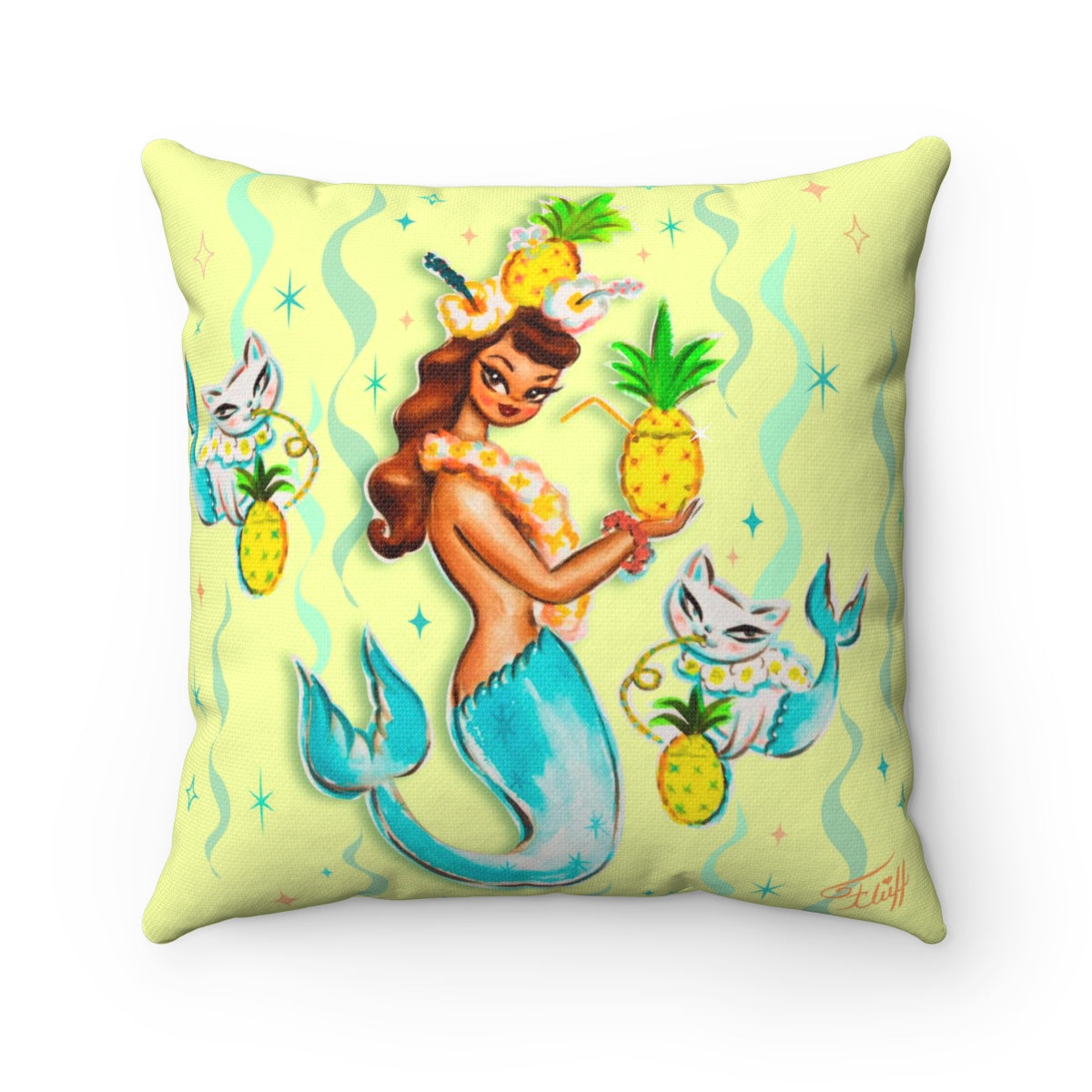 Tropical Pineapple Mermaid with Merkittens • Square Pillow