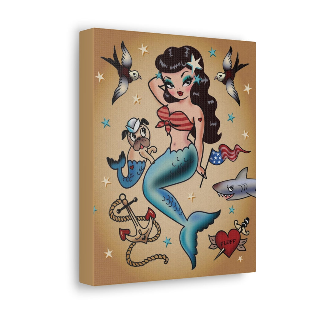 Patriotic Pinup Mermaid with Merpup • Canvas Gallery Wrap