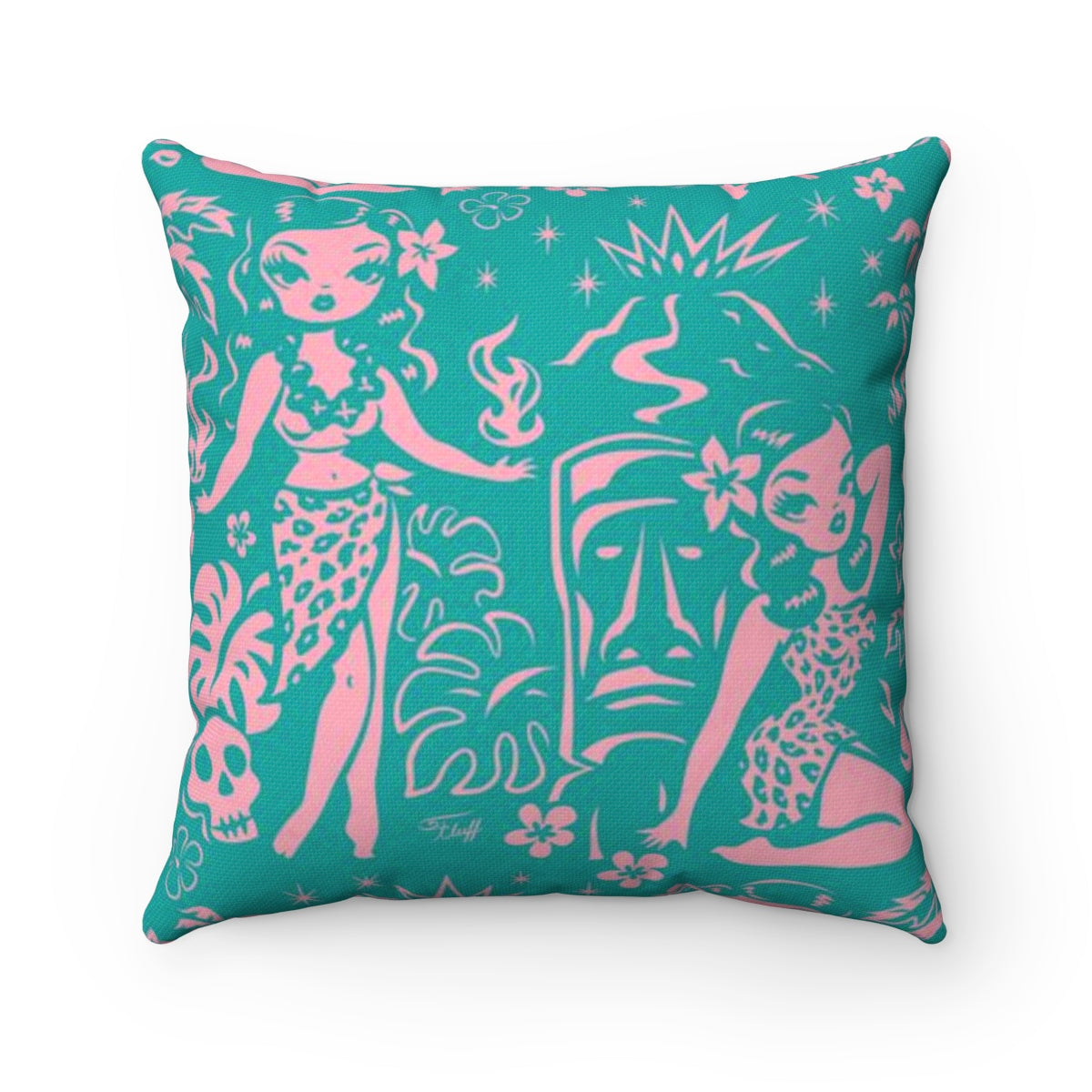 Tiki Temptress - Aqua and Pink • Square Pillow