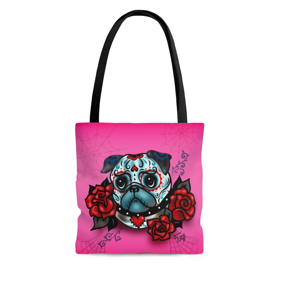 Sugar Skull Pug With Roses on Hot Pink • Tote Bag