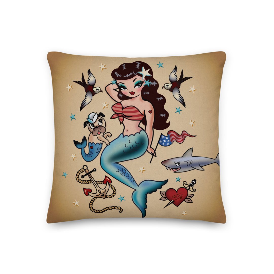 Patriotic Pinup Mermaid with Merpup • Decor Pillow