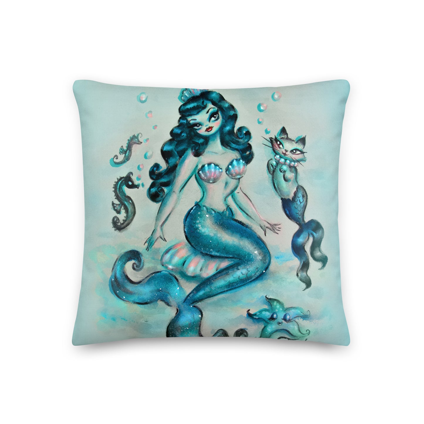 Mermaid in Blue with Merkitty • Decor Pillow