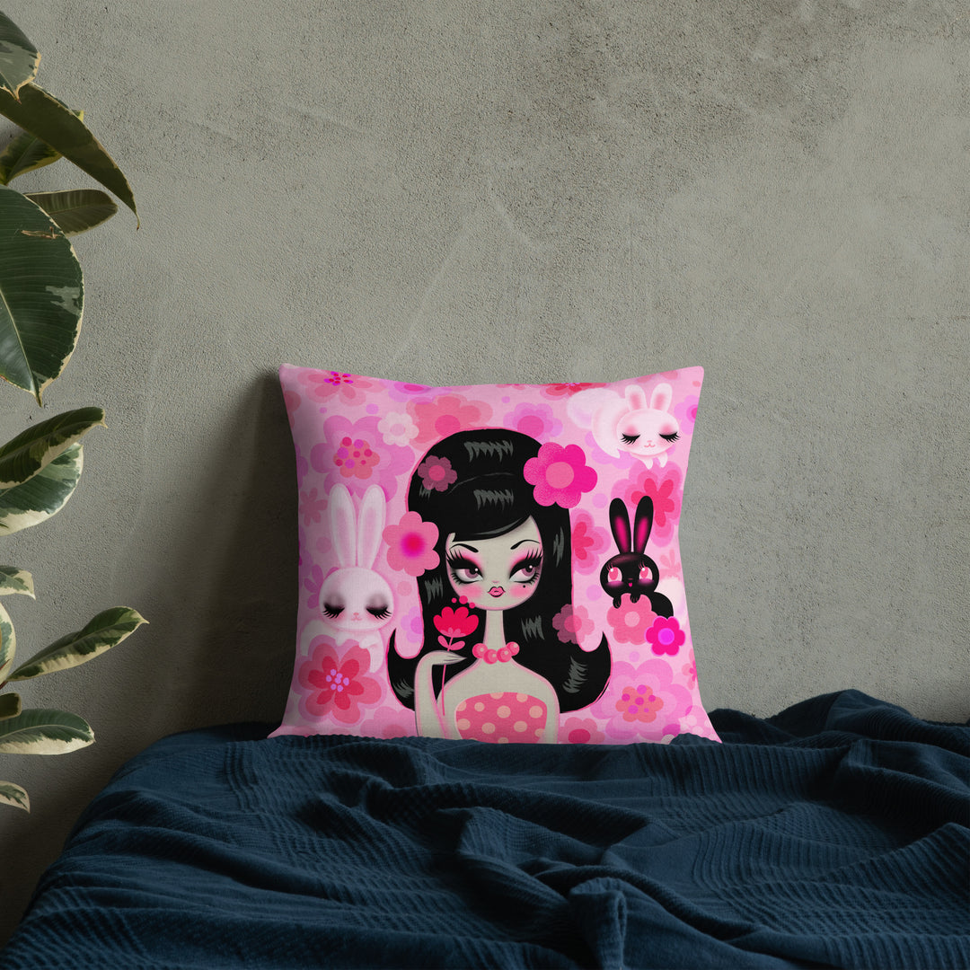 Mod Girl with Bunnies and Flowers • Decor Pillow