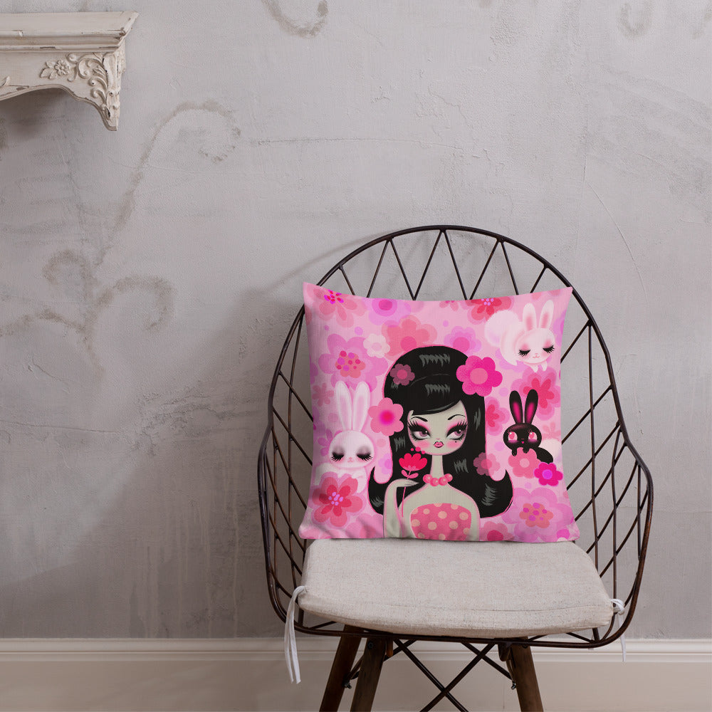 Mod Girl with Bunnies and Flowers • Decor Pillow