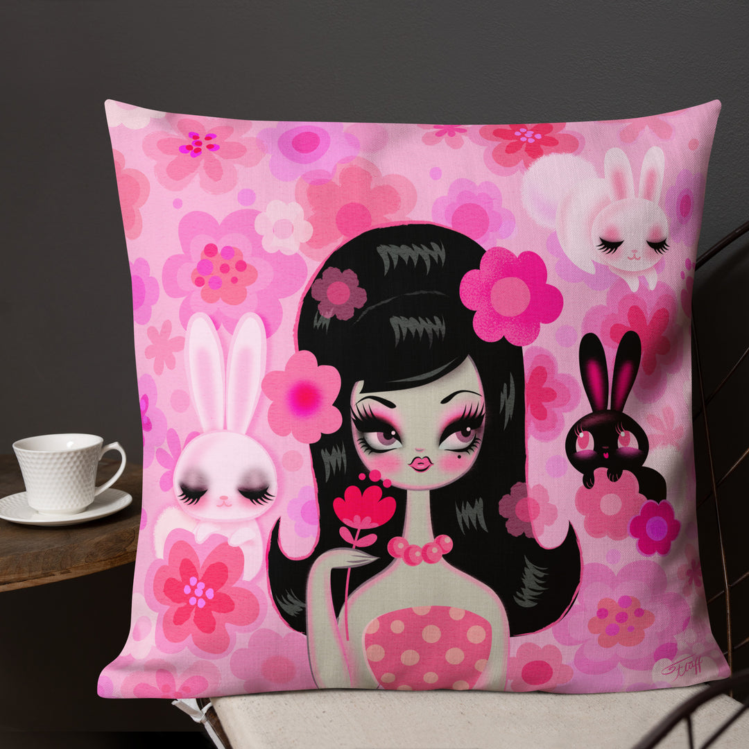 Mod Girl with Bunnies and Flowers • Decor Pillow