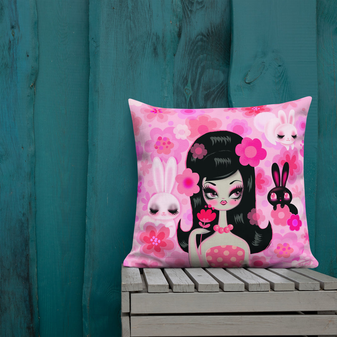 Mod Girl with Bunnies and Flowers • Decor Pillow