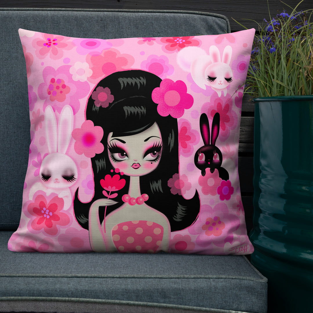 Mod Girl with Bunnies and Flowers • Decor Pillow