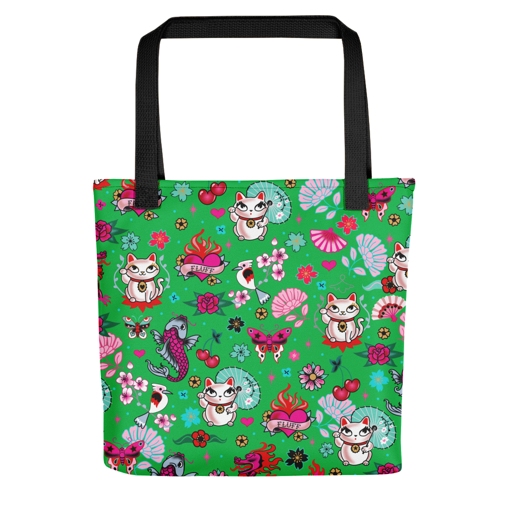 Lucky Cat on Green • Tote Bag