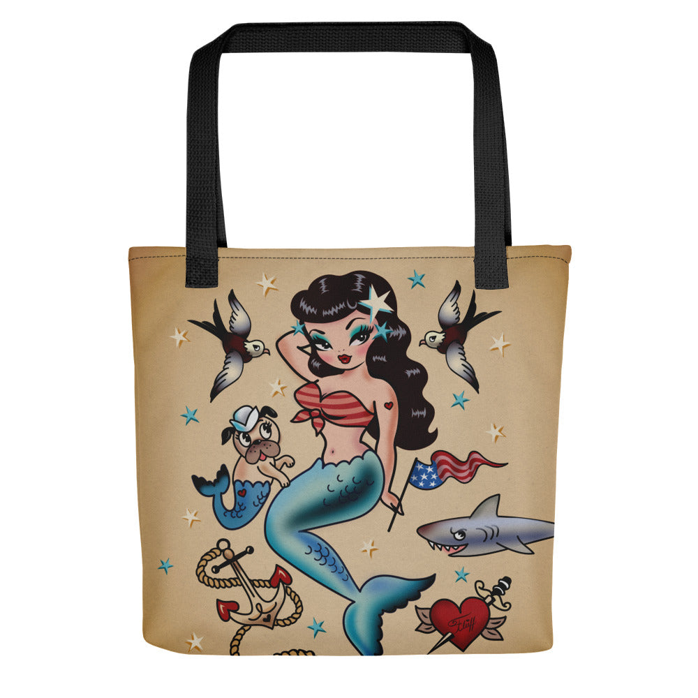 Patriotic Pinup Mermaid with Merpup • Tote Bag