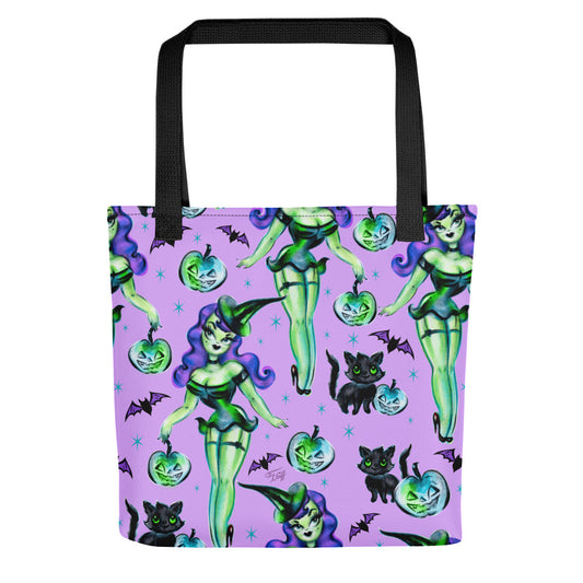 Cute Pinup Witch on Purple • Tote Bag