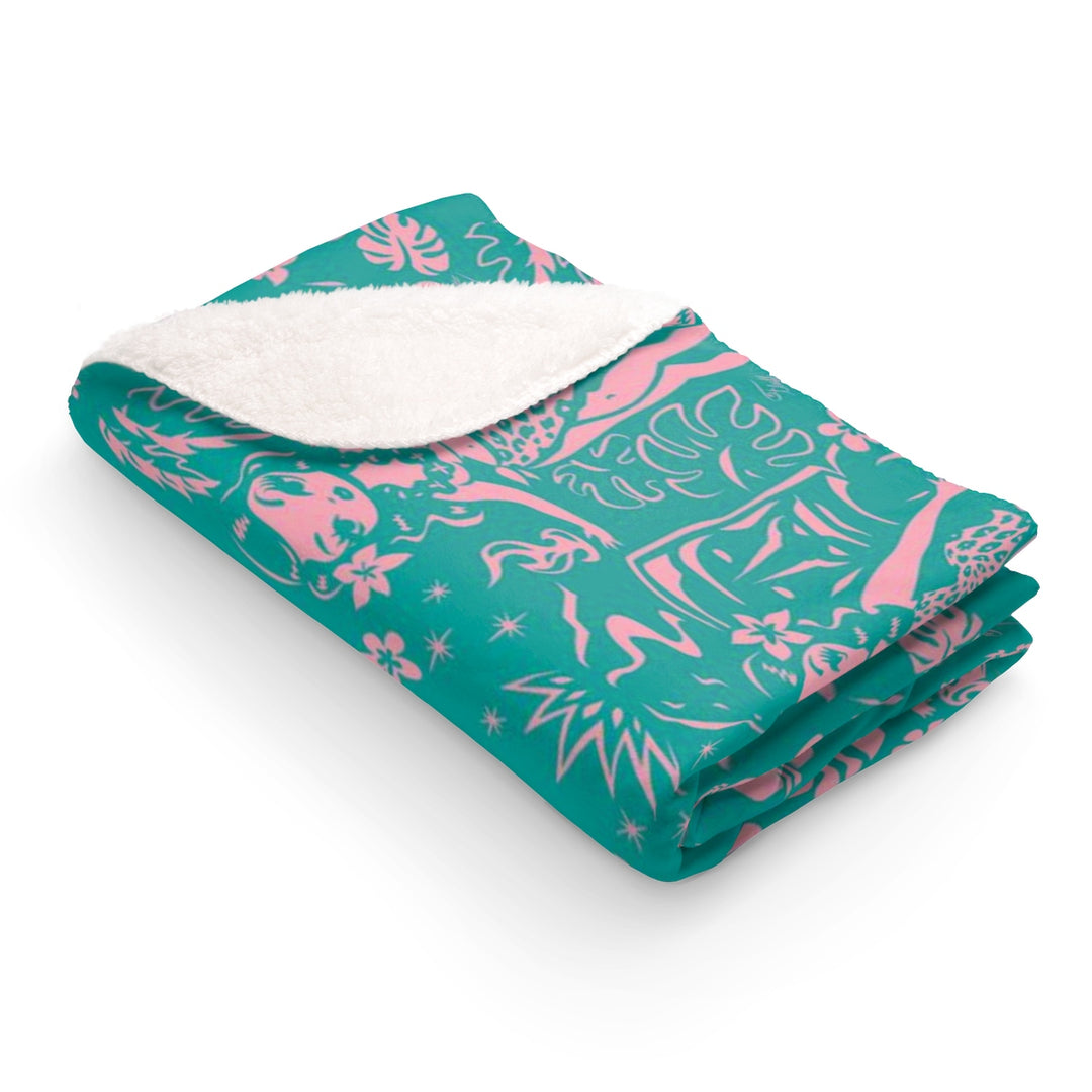 Tiki Temptress - Aqua and Pink • Sherpa Fleece Blanket