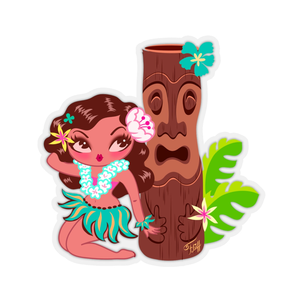 Hula Cutie with Tiki • Kiss-Cut Sticker