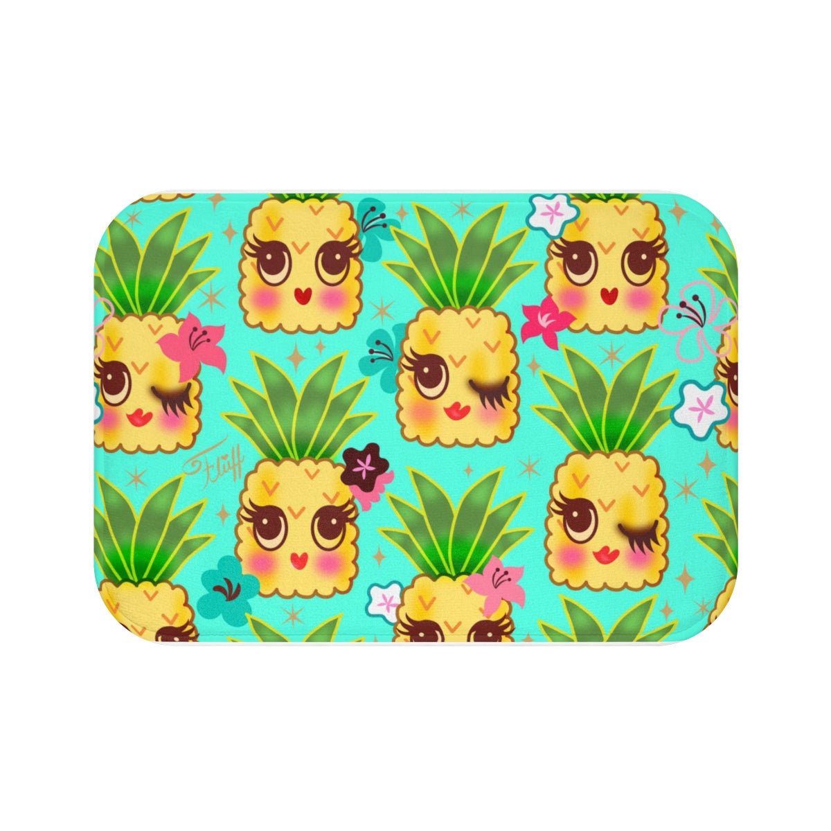 Happy Kawaii Cute Pineapples on Aqua • Bath Mat