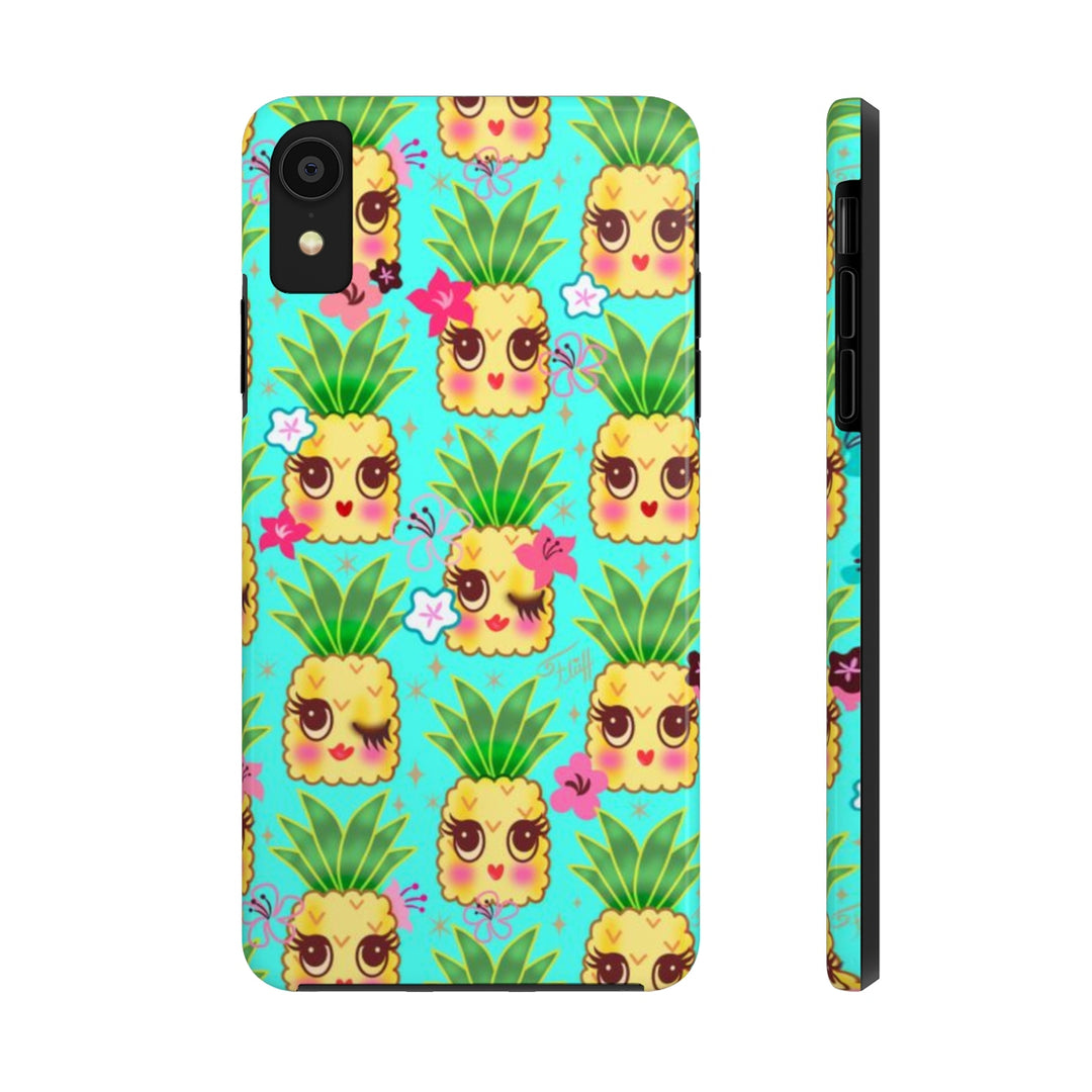 Happy Kawaii Cute Pineapples on Aqua • Phone Case