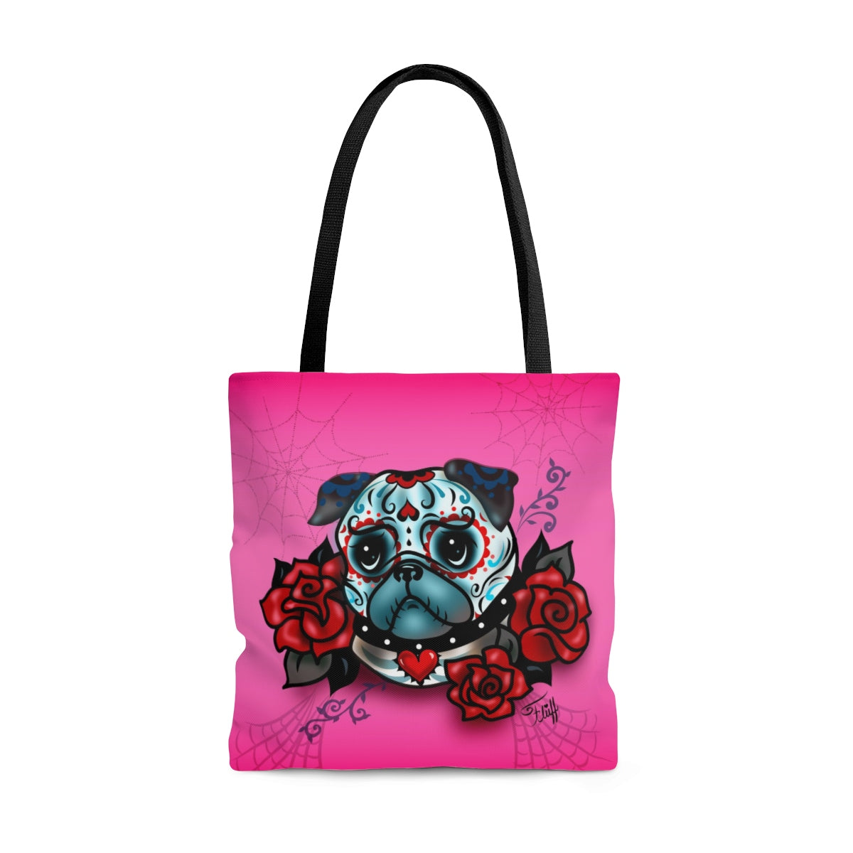 Sugar Skull Pug With Roses on Hot Pink • Tote Bag