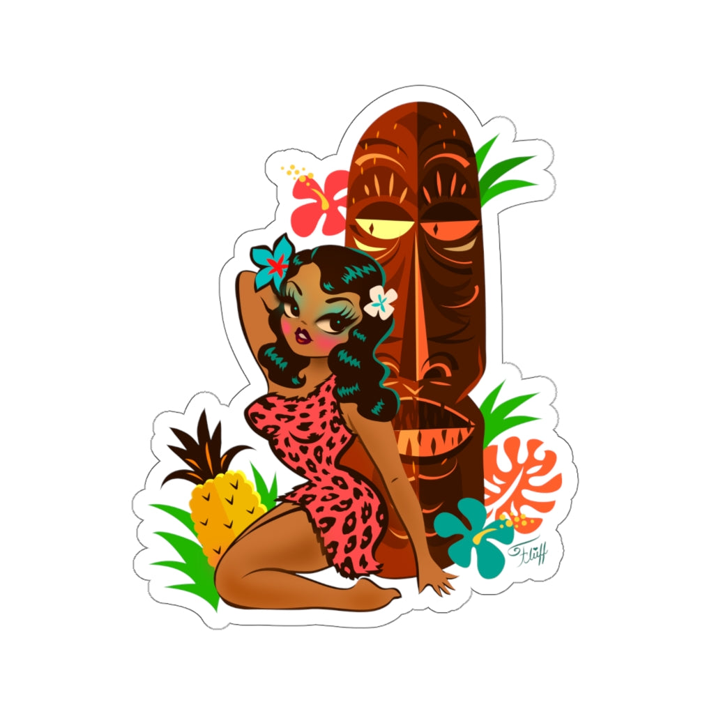 Tiki Temptress in Pink Leopard Print • Kiss-Cut Sticker with Pineapple