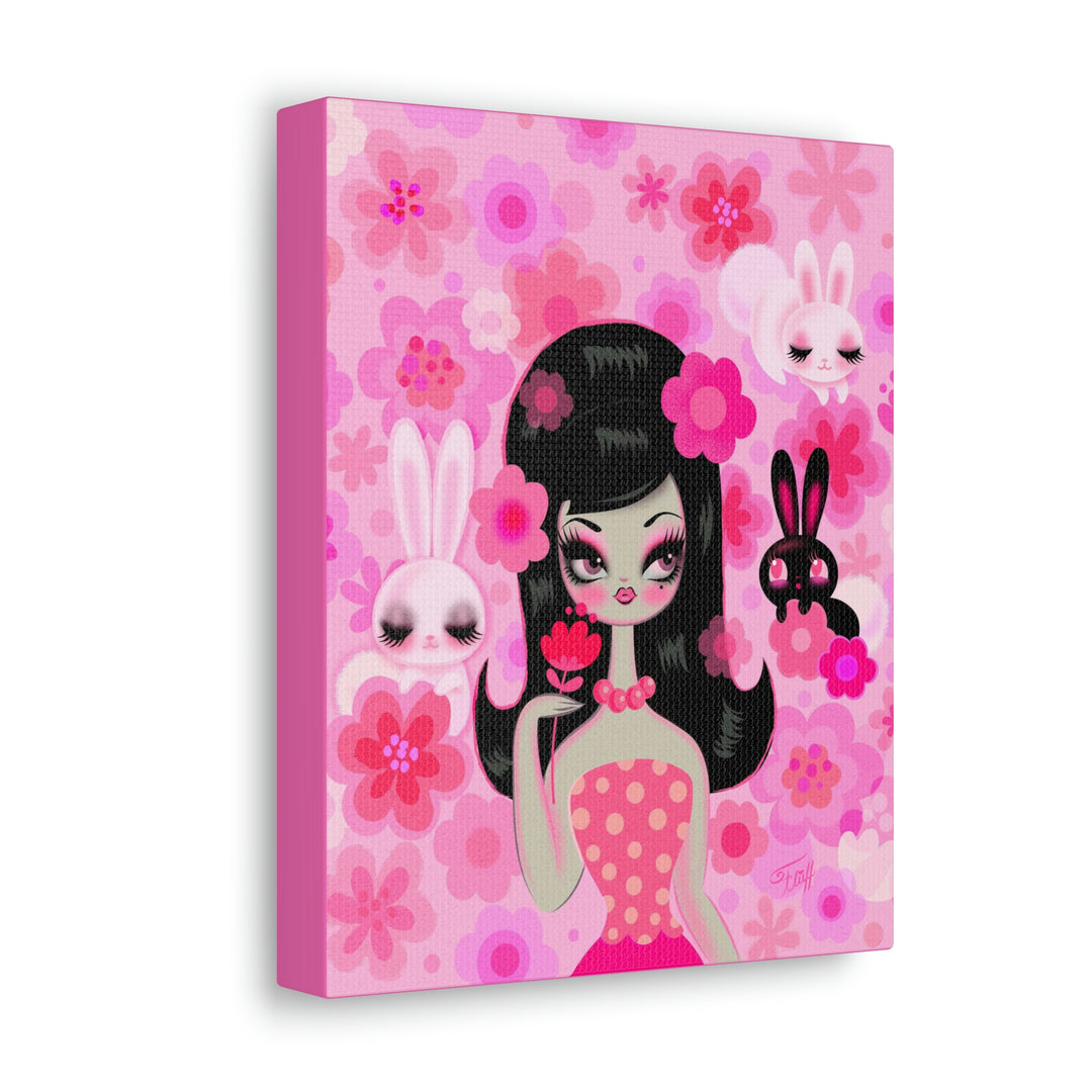 Mod Girl with Bunnies and Flowers • Canvas Gallery Wrap