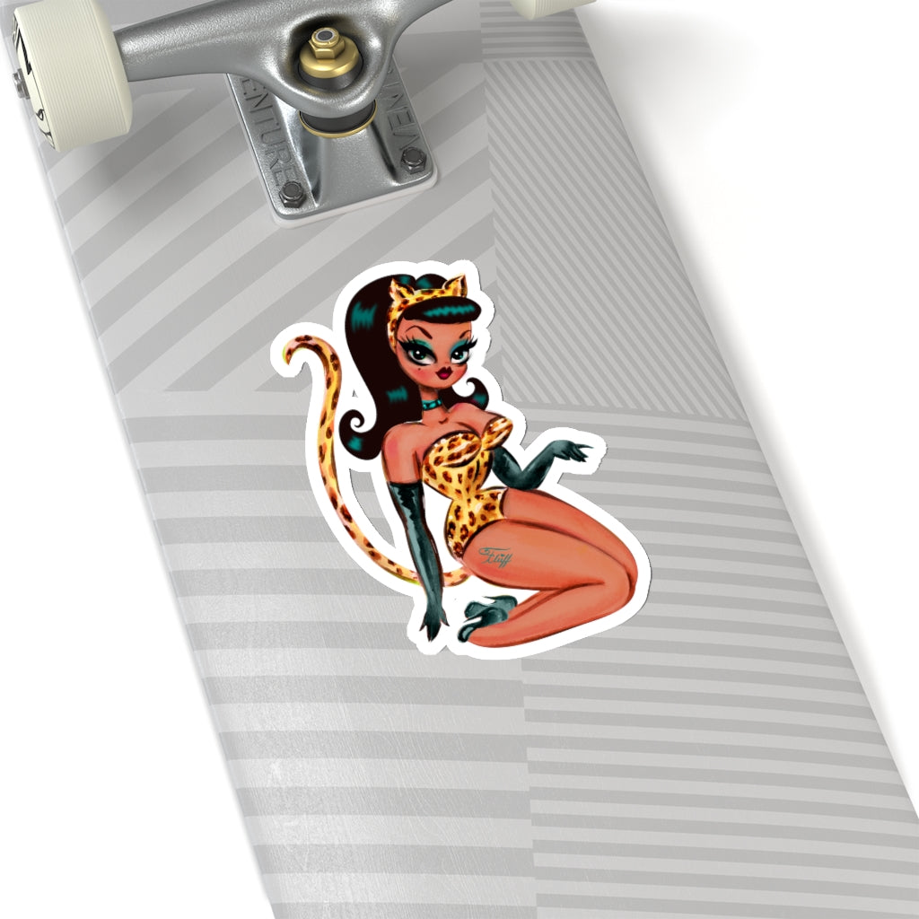 Brunette Leopard Cat Suit Pinup Girl • Kiss-Cut Sticker