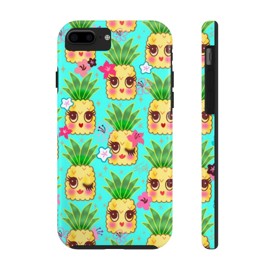 Happy Kawaii Cute Pineapples on Aqua • Phone Case