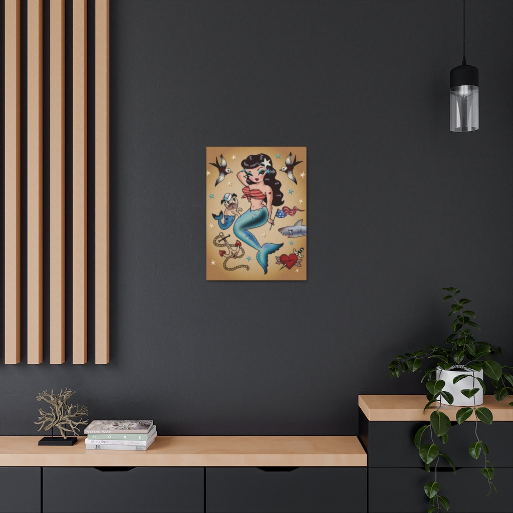 Patriotic Pinup Mermaid with Merpup • Canvas Gallery Wrap