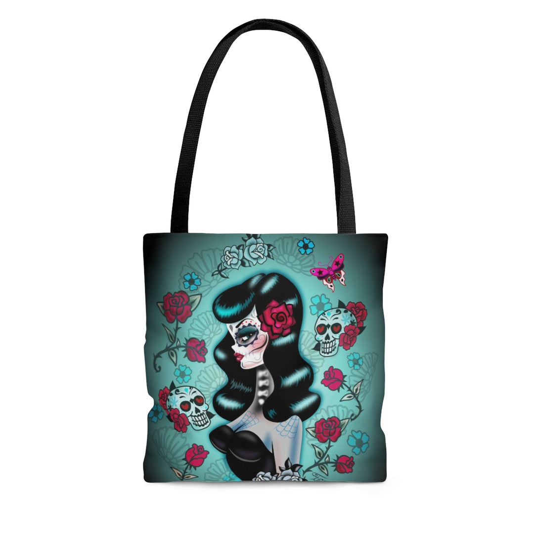 Raven Haired Day of the Dead Sugar Skull Pinup • Tote Bag