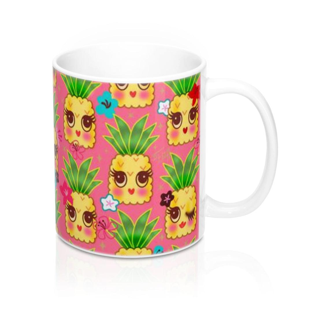 Happy Kawaii Cute Pineapples on Pink • Mug 11oz