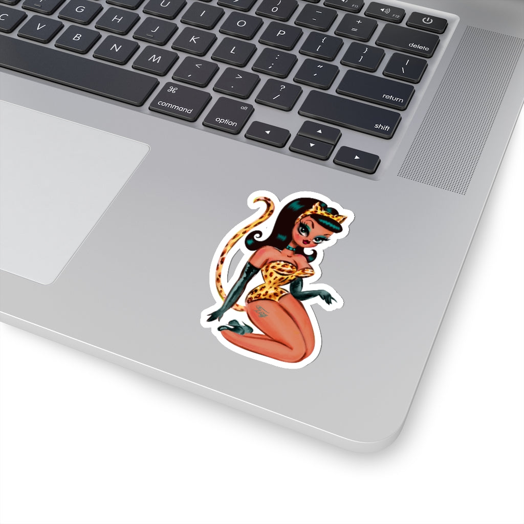 Brunette Leopard Cat Suit Pinup Girl • Kiss-Cut Sticker