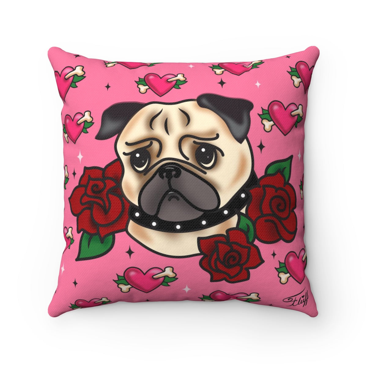 Tattoo Pug with Roses on Pink  • Square Pillow