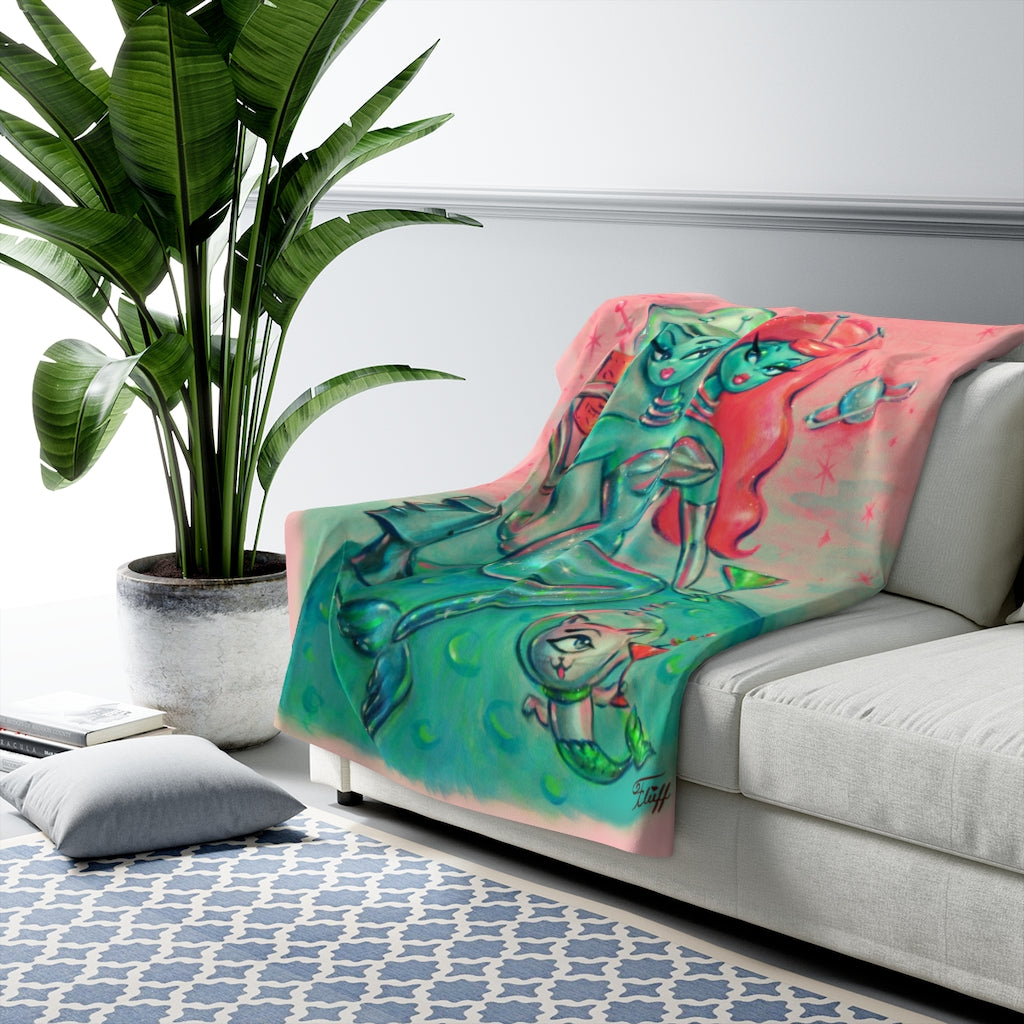 Two headed Alien Mermaid with Cyclops Kitty • Sherpa Fleece Blanket