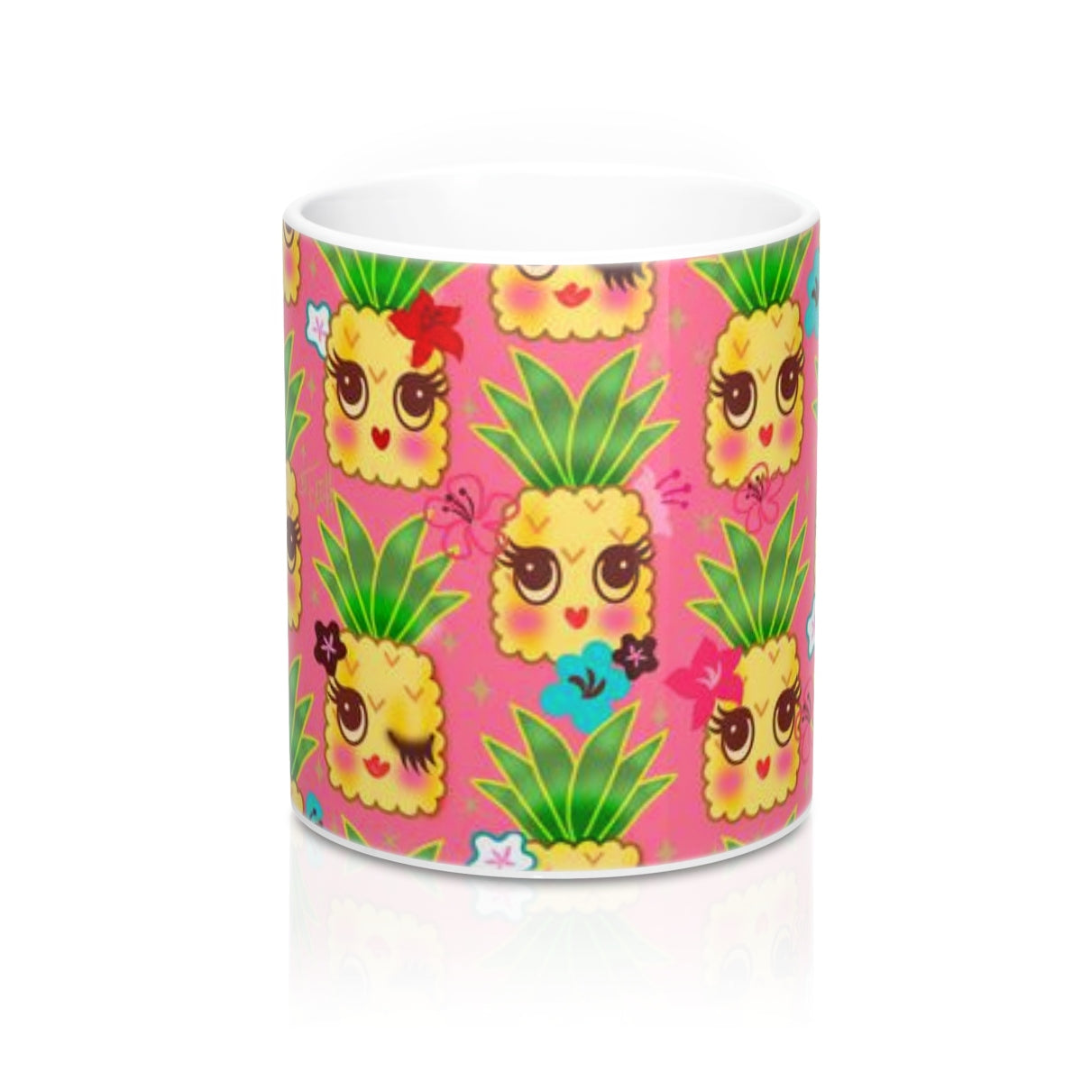 Happy Kawaii Cute Pineapples on Pink • Mug 11oz