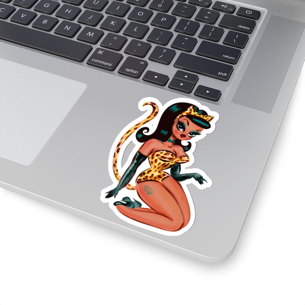 Brunette Leopard Cat Suit Pinup Girl • Kiss-Cut Sticker