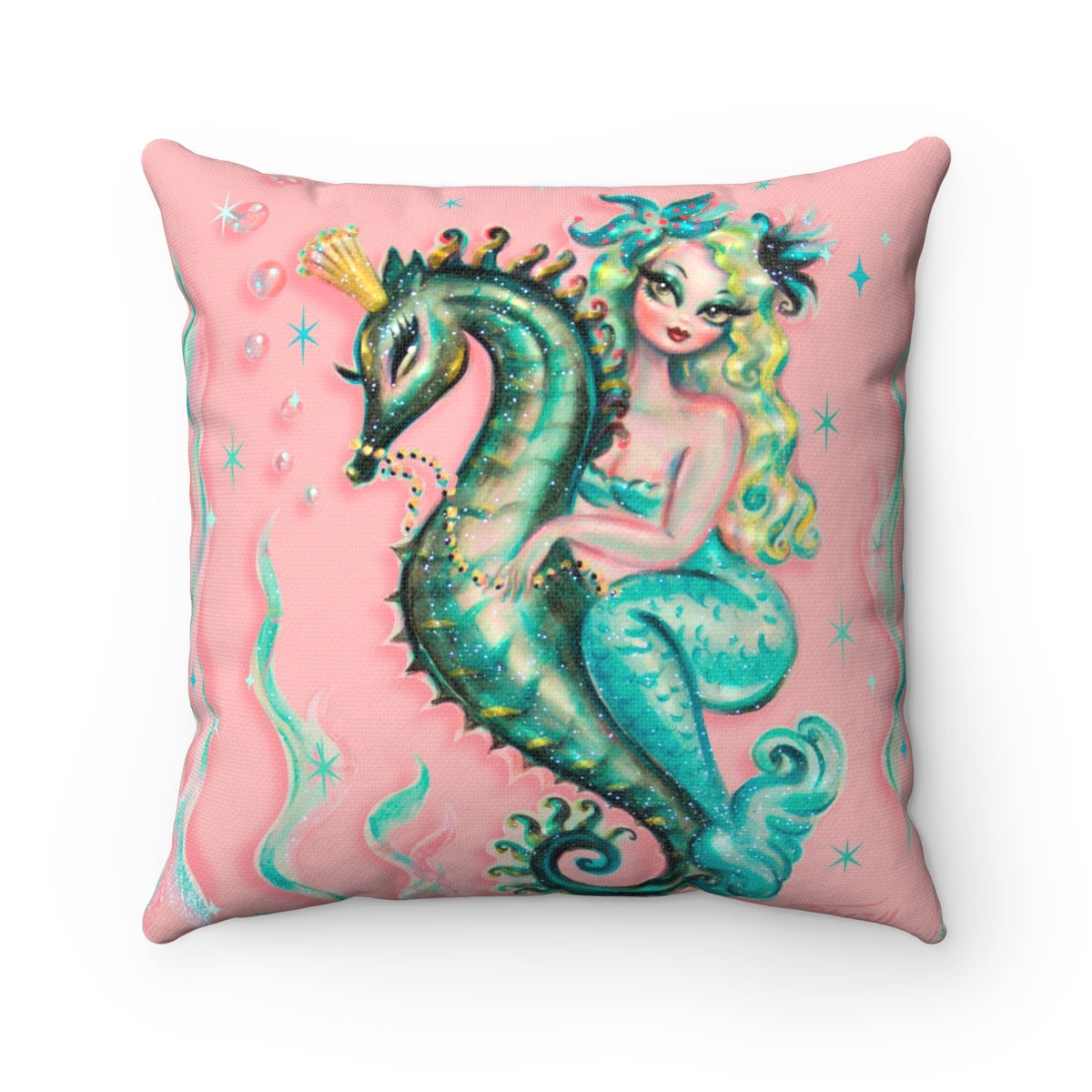 Blue Mermaid Riding a Seahorse Prince • Square Pillow